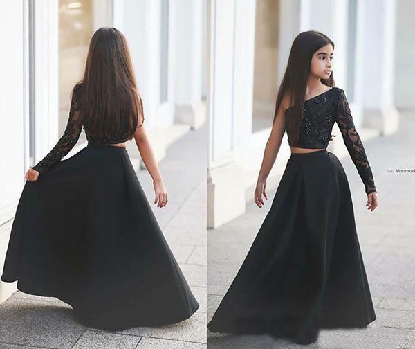 2 pieces black girls pageant dresses one shoulder long sleeve beaded lace satin skirt a line party gowns custom size, White;red
2 pieces black girls pageant dresses one shoulder long sleeve beaded lace satin skirt a line party gowns custom size, White;red