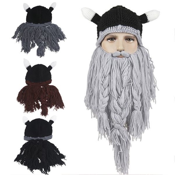 

men's hat head barbarian vagabond viking beard beanie horn hats handmade knit winter warm holiday party cool funny cosplay cap
