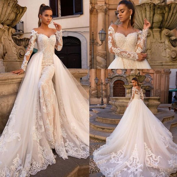 mermaid wedding dresses 2020 sheer long sleeves tulle applique sweep train wedding bridal gowns with detachable over skirt vestidos de novia, White
mermaid wedding dresses 2020 sheer long sleeves tulle applique sweep train wedding bridal gowns with detachable over skirt vestidos de novia, White