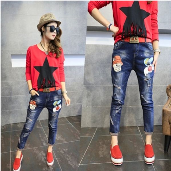 2016 new spring feet jeans female korean women skinny pants pants female cartoon haren, Blue
2016 new spring feet jeans female korean women skinny pants pants female cartoon haren, Blue