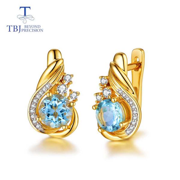 

tbj,simple natural gemstone clasp earring in 925 sterling silver with sky blue z round7.0mm earring office girls daily use, Golden;silver