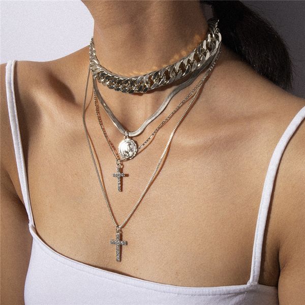 ae-canfly retro creative rhinestone cross ornament necklaces exaggerated punk thick chain portrait multi layer necklace, Silver
ae-canfly retro creative rhinestone cross ornament necklaces exaggerated punk thick chain portrait multi layer necklace, Silver