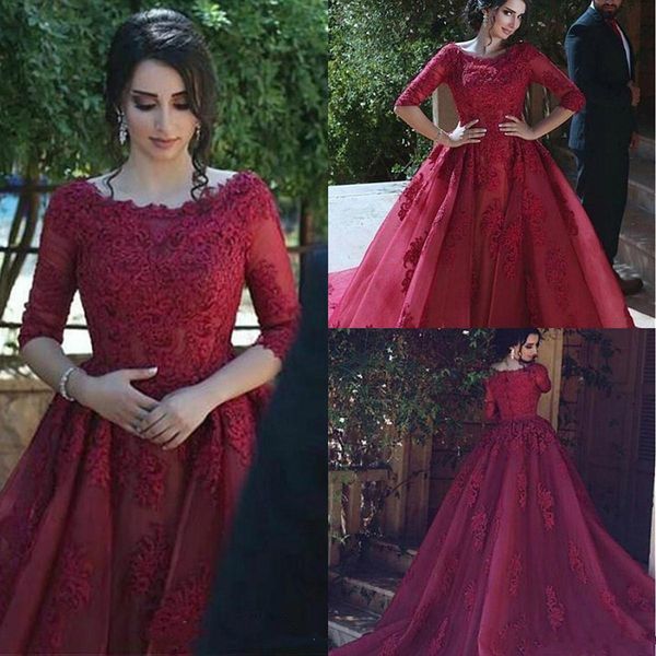 2019 burgandy prom dresses a line scoop half long sleeve detachable train evening gowns with lace applique tulle sweet 16 gowns, Black;red
2019 burgandy prom dresses a line scoop half long sleeve detachable train evening gowns with lace applique tulle sweet 16 gowns, Black;red