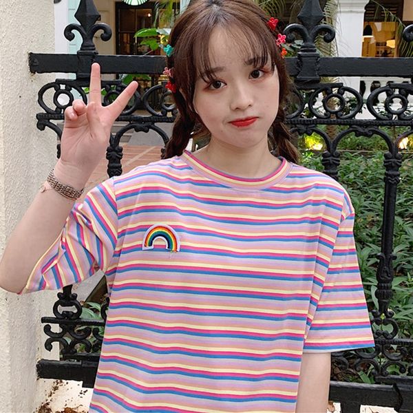 small fresh rainbow striped short sleeve t-shirt women fashion summer cute embroidery o-neck casual, White
small fresh rainbow striped short sleeve t-shirt women fashion summer cute embroidery o-neck casual, White