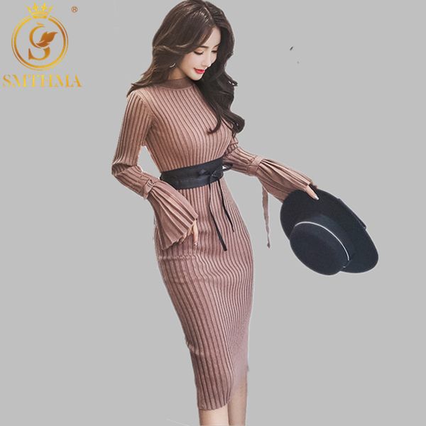 smthma winter knitted dress women flare sleeve female sweater dress elegant bodycon vestidos belt, Black;gray
smthma winter knitted dress women flare sleeve female sweater dress elegant bodycon vestidos belt, Black;gray