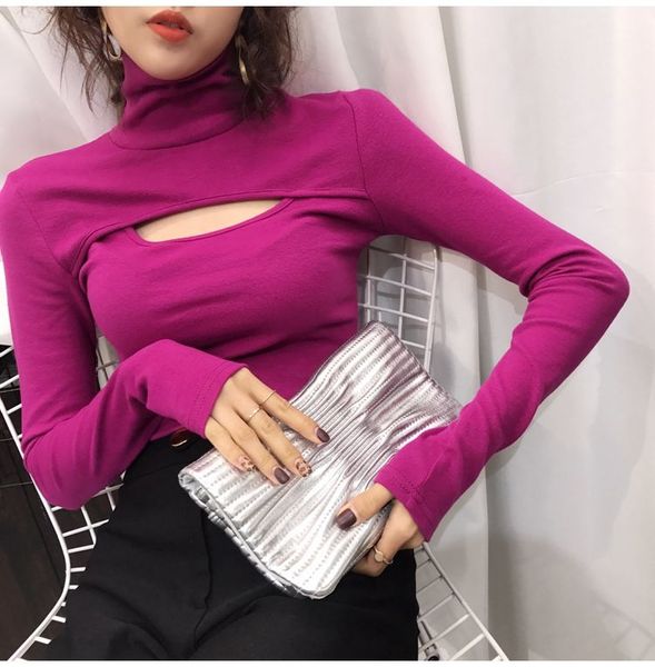 women's t-shirt autumn hollow out long sleeve high neck women solid color shirt ladies fashion, White
women's t-shirt autumn hollow out long sleeve high neck women solid color shirt ladies fashion, White