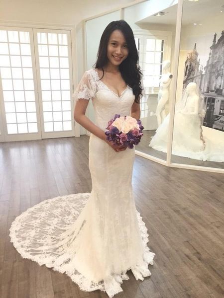 setwell v-neck mermaid summer beach wedding dresses short sleeves fully lace appliques backless bridal gowns, White
setwell v-neck mermaid summer beach wedding dresses short sleeves fully lace appliques backless bridal gowns, White