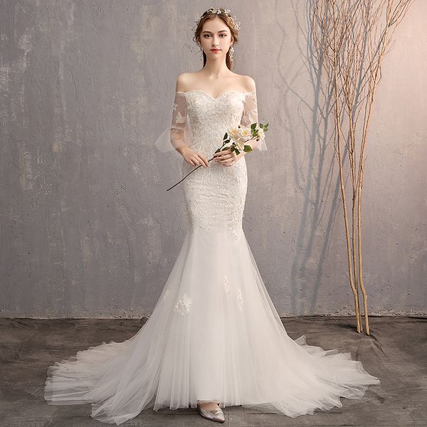 one-character shoulder wedding dress bride french thin tail light out long sleeve woman with tail, White
one-character shoulder wedding dress bride french thin tail light out long sleeve woman with tail, White