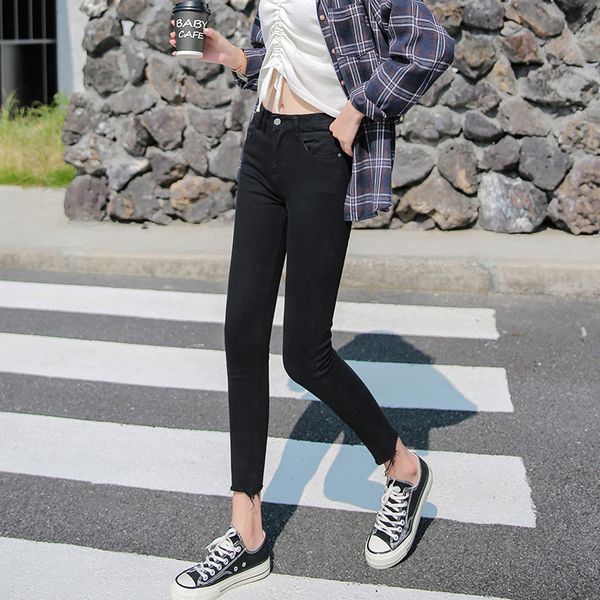 jeans women's 2020 autumn new style korean-style pencil pants black and white with pattern high-waisted elasticity tight-fit cap, Blue