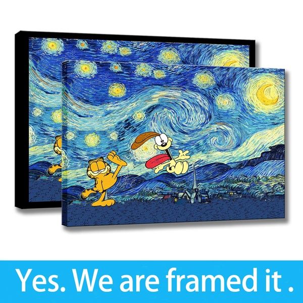 framed van gogh starry night painting art garfield and odie print on canvas - home decor - ready to hang
framed van gogh starry night painting art garfield and odie print on canvas - home decor - ready to hang