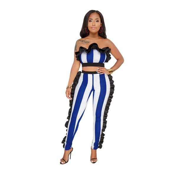 wholesale european and american black ruffle edge blue striped strapless short elastic waist long pants two pieces sets for women, White
wholesale european and american black ruffle edge blue striped strapless short elastic waist long pants two pieces sets for women, White