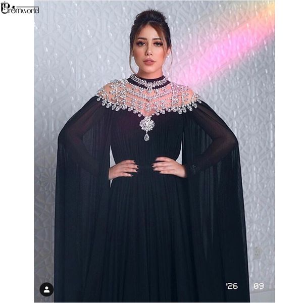 black muslim evening dresses 2019 high neck caped crystals chiffon dubai kftan saudi arabic formal evening gown long prom dress, White;black
black muslim evening dresses 2019 high neck caped crystals chiffon dubai kftan saudi arabic formal evening gown long prom dress, White;black