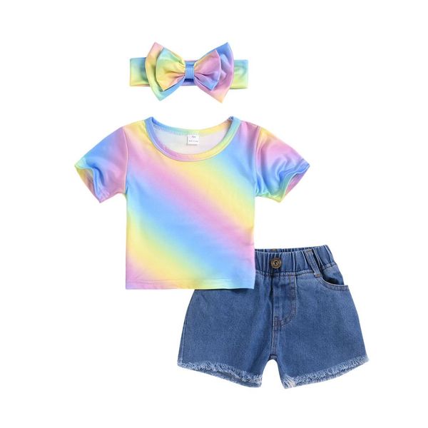 children girl clothes set cotton summer fashion rainbow t-shirt denim shorts bowknot headband 3pcs kids baby girl clothing suit, White
children girl clothes set cotton summer fashion rainbow t-shirt denim shorts bowknot headband 3pcs kids baby girl clothing suit, White