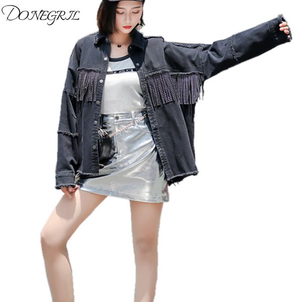 2019 spring autumn street women onesize loose denim jacket high designer frayed burr tassel black coat, Black;brown
2019 spring autumn street women onesize loose denim jacket high designer frayed burr tassel black coat, Black;brown