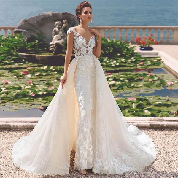 lace mermaid wedding dresses with detachable skirt sheer neck cap sleeve bridal gowns appliqued country boho wedding dress, White
lace mermaid wedding dresses with detachable skirt sheer neck cap sleeve bridal gowns appliqued country boho wedding dress, White