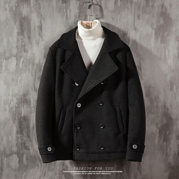 short woolen coat men's slim fashion solid color double-breasted woolen jacket mens streetwear wild england style coat, Black
short woolen coat men's slim fashion solid color double-breasted woolen jacket mens streetwear wild england style coat, Black