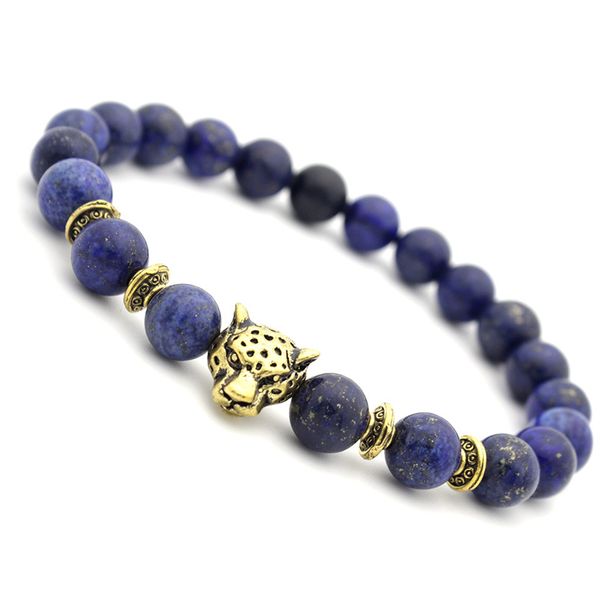 lapis lazuli stone bead bracelets set beeded lion leopard elastic bracelet 8mm beaded, Golden;silver