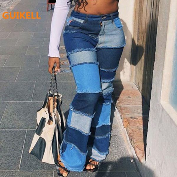 guikell color block high waist flare jeans with pockets streetwear ladies trousers bell bottoms skinny denim jean pants, Blue 
guikell color block high waist flare jeans with pockets streetwear ladies trousers bell bottoms skinny denim jean pants, Blue