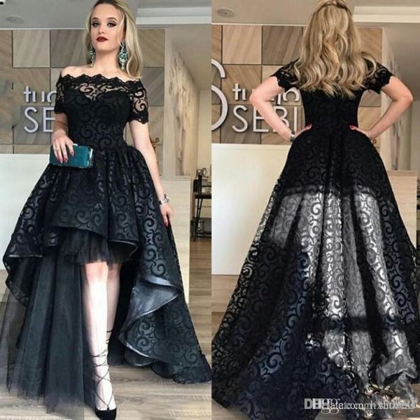 new elegant black full lace high low prom dress off shoulder short sleeves evening gowns fashion party gown custom made aw513
new elegant black full lace high low prom dress off shoulder short sleeves evening gowns fashion party gown custom made aw513