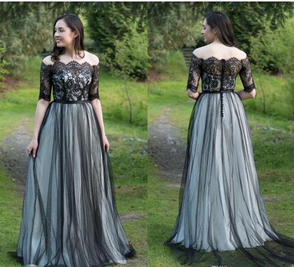off-shoulder a line wedding dresses with sleeves lace appliques court train wedding gowns buttons up black and white wedding dresses
off-shoulder a line wedding dresses with sleeves lace appliques court train wedding gowns buttons up black and white wedding dresses