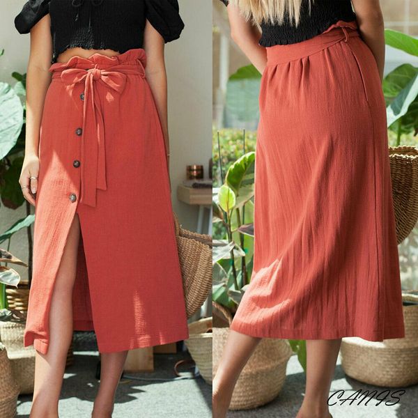 2019 new style fashion women's long solid skirt high waist front slit button bandage bow, Black
2019 new style fashion women's long solid skirt high waist front slit button bandage bow, Black