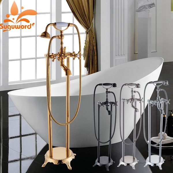 

bathtub golden polished floor stand faucet mixer dual hnadle 360 rotation waterfall spout bath tub faucet brass handshower