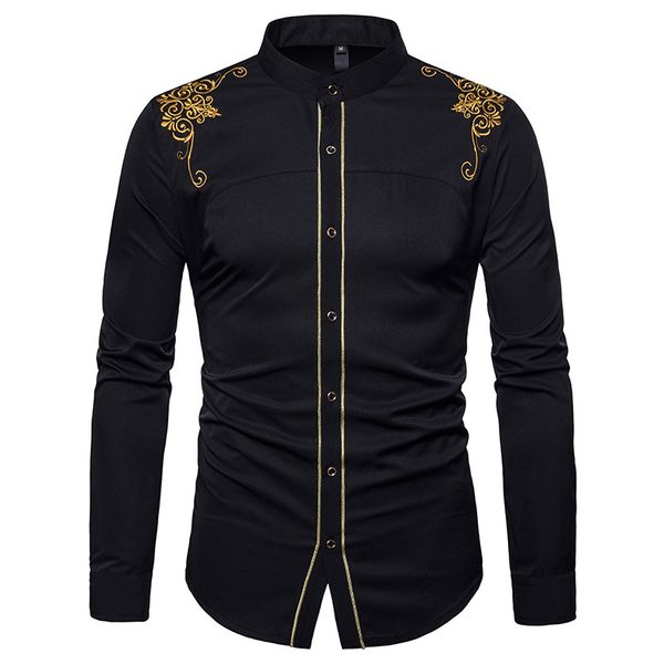 stand collar mens dress shirts 2019 brand new gold flower embroidery chemise homme casual button down long sleeve slim fit shirt, White;black
stand collar mens dress shirts 2019 brand new gold flower embroidery chemise homme casual button down long sleeve slim fit shirt, White;black