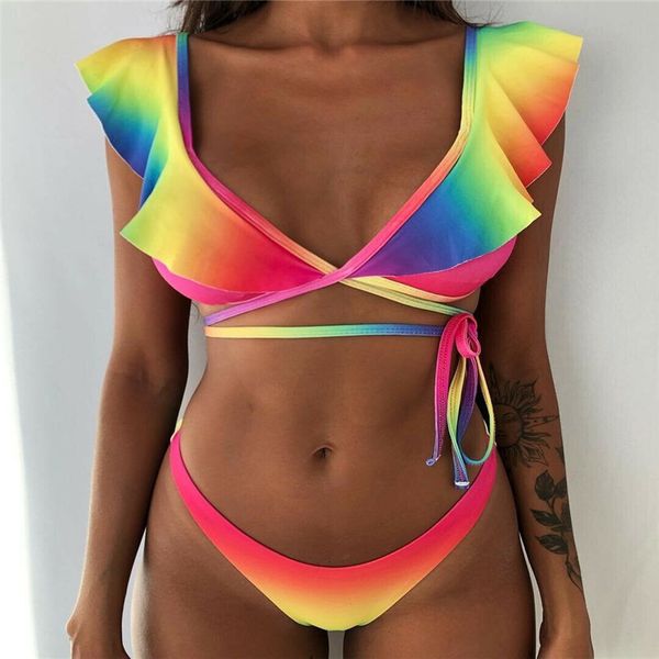 new fashion women summer rainbow ruffles padded swimwear sets brazilian v neck bandage sleeveless swimwear bathing suit, Gray
new fashion women summer rainbow ruffles padded swimwear sets brazilian v neck bandage sleeveless swimwear bathing suit, Gray