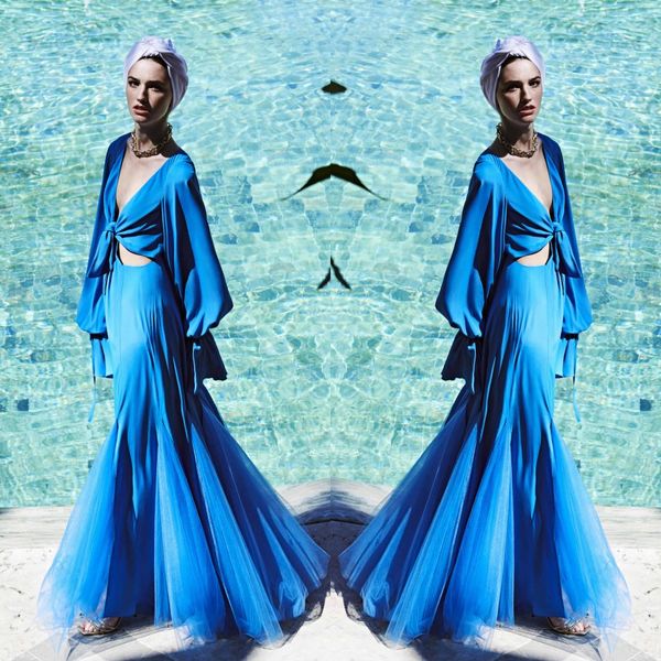 2022 sapphire evening dresses latest design deep v neck mermaid prom dress floor length long sleeve formal gowns, Black;red
2022 sapphire evening dresses latest design deep v neck mermaid prom dress floor length long sleeve formal gowns, Black;red
