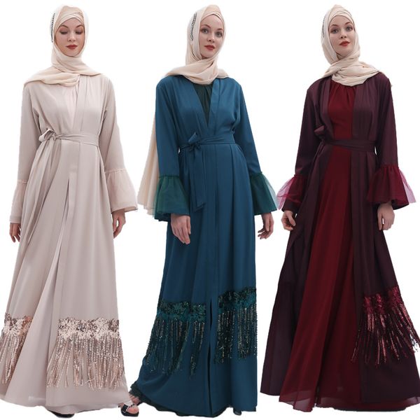 

elegant muslim sequins abaya full dress tassels open cardigan kimono loose long robe gowns jubah middle east eid ramadan islamic, Red