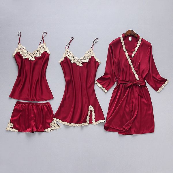 women's sleepwear women pajamas sets satin silk 4 pieces nightwear pyjama lace trim sleep lounge pijama with chest pads, Black;red
women's sleepwear women pajamas sets satin silk 4 pieces nightwear pyjama lace trim sleep lounge pijama with chest pads, Black;red