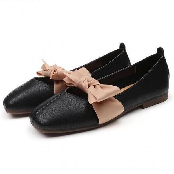 

35~42 large moccasins women bow flats genuine leather loafers soft ballet shoes slip on lady ballerina shoe flat causal footwear, Black