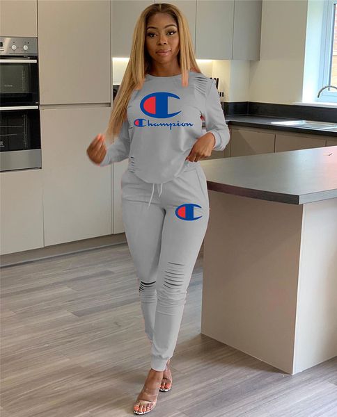 s-2xl women tracksuits ripped holes champion t shirt pullover and pants leggings two piece outfits long sleeve sport clothing set new c91604, Gray
s-2xl women tracksuits ripped holes champion t shirt pullover and pants leggings two piece outfits long sleeve sport clothing set new c91604, Gray
