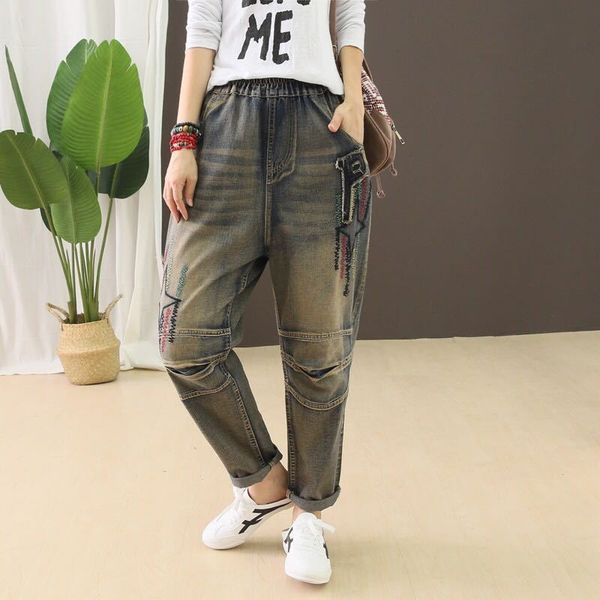 autumn jeans women retro elastic waist drawstring denim pants werainyee 2019 new loose embroidery scratched casual trousers, Blue
autumn jeans women retro elastic waist drawstring denim pants werainyee 2019 new loose embroidery scratched casual trousers, Blue