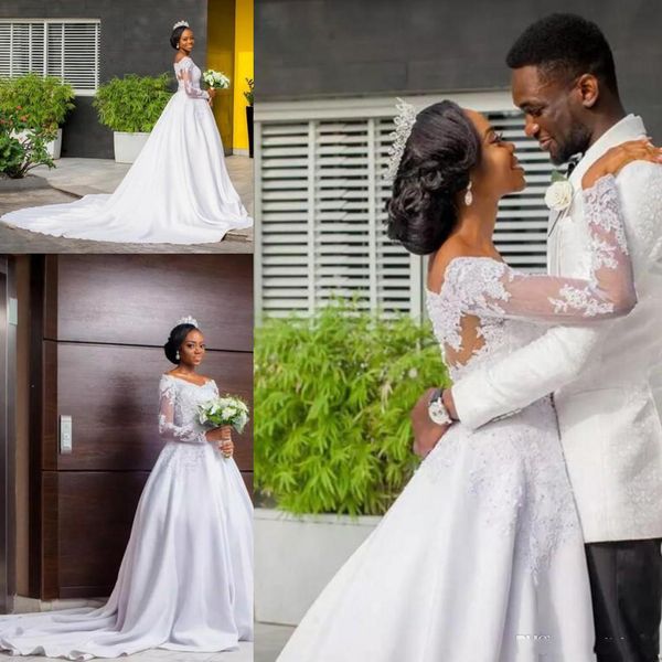 african long sleeves lace wedding dresses 2019 with beaded appliques v neck satin court train a line arabic wedding bridal gowns, White 
african long sleeves lace wedding dresses 2019 with beaded appliques v neck satin court train a line arabic wedding bridal gowns, White