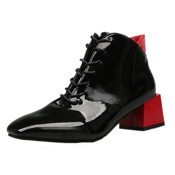 2020 korean black patent leather ankle boots for women lace up block high heel stiletto short booties ladies shoes p428
2020 korean black patent leather ankle boots for women lace up block high heel stiletto short booties ladies shoes p428