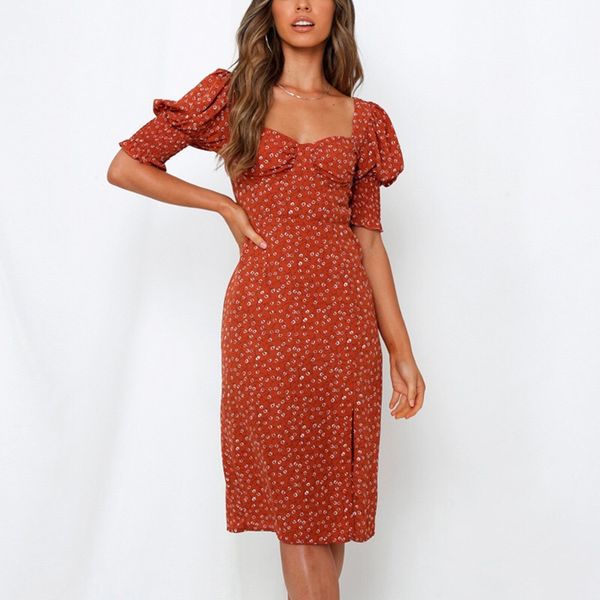 fashion floral printed knee length party dress women puff half sleeve elegant dresses split backless holiday midi dress, White;black
fashion floral printed knee length party dress women puff half sleeve elegant dresses split backless holiday midi dress, White;black