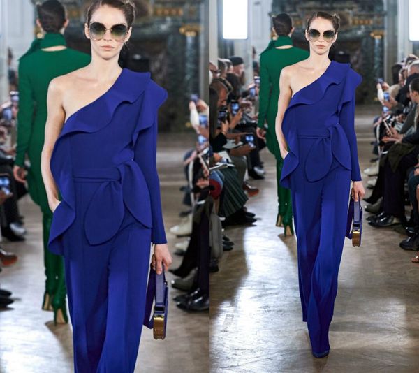 2019 elie saab королевские синие комбинезоны одно плечо с длинными рукавами атласные оборками мода платье выпускного вечера длина лодыжки на, Black 
2019 elie saab королевские синие комбинезоны одно плечо с длинными рукавами атласные оборками мода платье выпускного вечера длина лодыжки на, Black