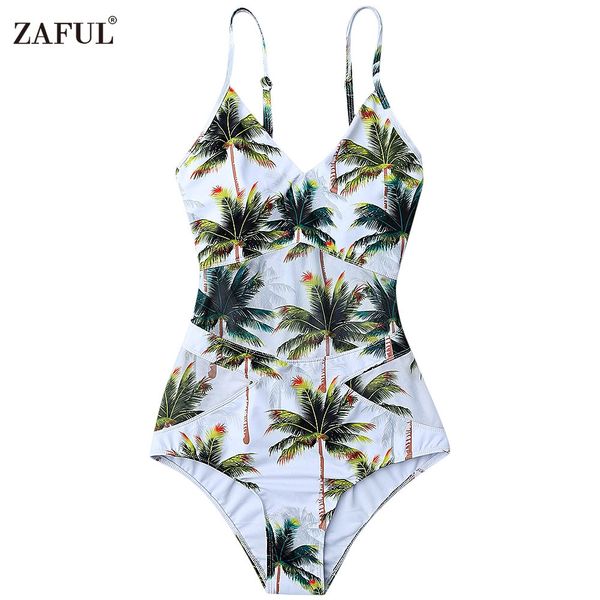 

zaful one piece bikini swimwear women plant elastic spaghetti strap coco palm tree swimsuit bathing suits size s//l/xl (white, White;black