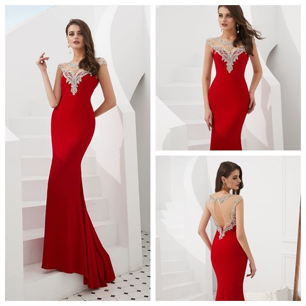 mf011 scoop illusion sleeve red mermaid prom dress crystals major beading evening dresses sheer back party dresses for women, Black
mf011 scoop illusion sleeve red mermaid prom dress crystals major beading evening dresses sheer back party dresses for women, Black