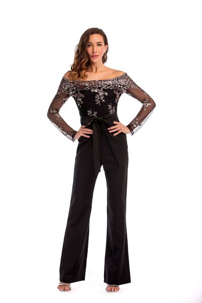 european and american women's wear one-word collar, long sleeve sequins, black loose pants and waistband, Black;white