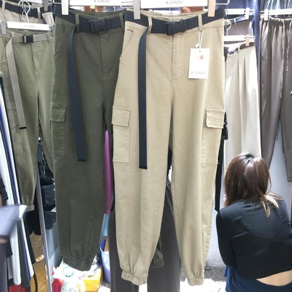autumn clothing new style elastic waist belt included side pocket brushed workwear ankle banded pants casual capri pants women's, Black;white 
autumn clothing new style elastic waist belt included side pocket brushed workwear ankle banded pants casual capri pants women's, Black;white