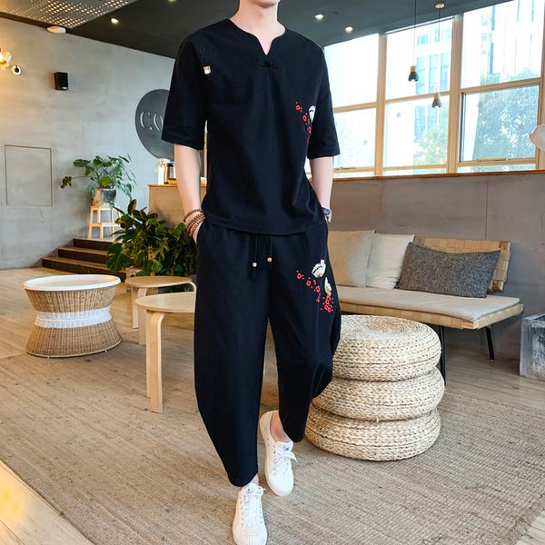 chinese embroidered cropped pants short sleeve t-shirt suit men's fashionable loose two piece cotton and linen suit, Gray
chinese embroidered cropped pants short sleeve t-shirt suit men's fashionable loose two piece cotton and linen suit, Gray