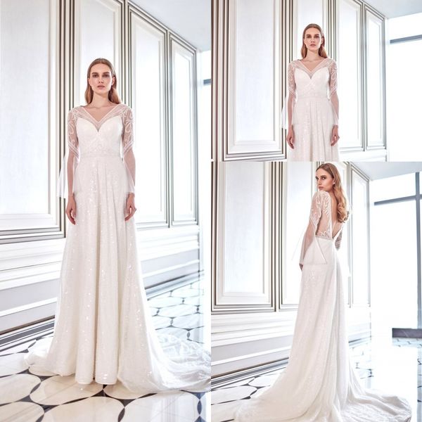 modern a line dany tabet wedding dresses v neck long sleeve applique sequins beads tulle lace wedding gown sweep train robe de mariée, White
modern a line dany tabet wedding dresses v neck long sleeve applique sequins beads tulle lace wedding gown sweep train robe de mariée, White
