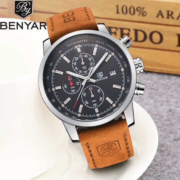 benyar mens watches quartz leather sport reloj hombre business chornograph watch men relogio masculino, Slivery;brown
benyar mens watches quartz leather sport reloj hombre business chornograph watch men relogio masculino, Slivery;brown