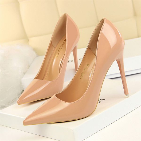

classic patent leather fashion women pumps high heels shallow ladies office shoes pointed toe concise women's wedding shoes, Black