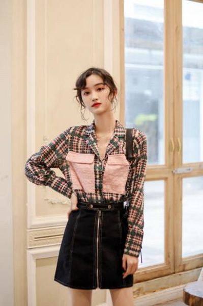 spring and summer new women's color contrast large pocket plaid chiffon shirt loose suit collar short shirt tide, White
spring and summer new women's color contrast large pocket plaid chiffon shirt loose suit collar short shirt tide, White