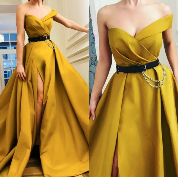2020 yellow evening dresses with belt off shoulder high split a line prom dress custom made satin cocktail party gowns, Black
2020 yellow evening dresses with belt off shoulder high split a line prom dress custom made satin cocktail party gowns, Black