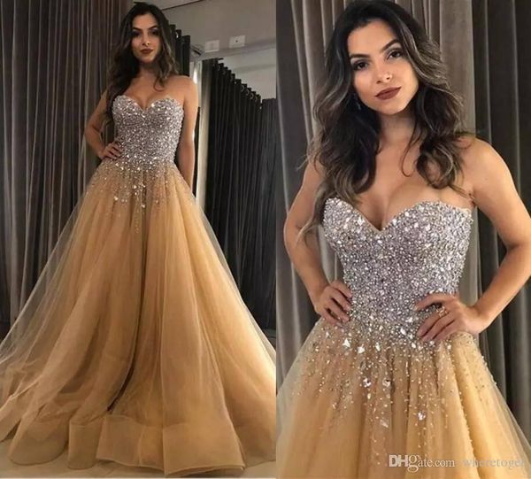 sparkling crystal champagne prom dresses sweetheart plus size tulle 2019 a line evening pageant gowns saudi arabic party formal dress, Black
sparkling crystal champagne prom dresses sweetheart plus size tulle 2019 a line evening pageant gowns saudi arabic party formal dress, Black