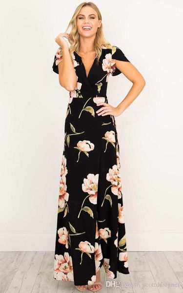 womens summer designer dresses v neck short sleeve floor length female clothing fshion casual apparel split floral print, Black;gray
womens summer designer dresses v neck short sleeve floor length female clothing fshion casual apparel split floral print, Black;gray